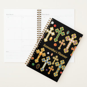 Faux Birthstone Crosses and Loose Gems on Black Planner