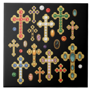 Faux Birthstone Crosses and Loose Gems on Black Tile