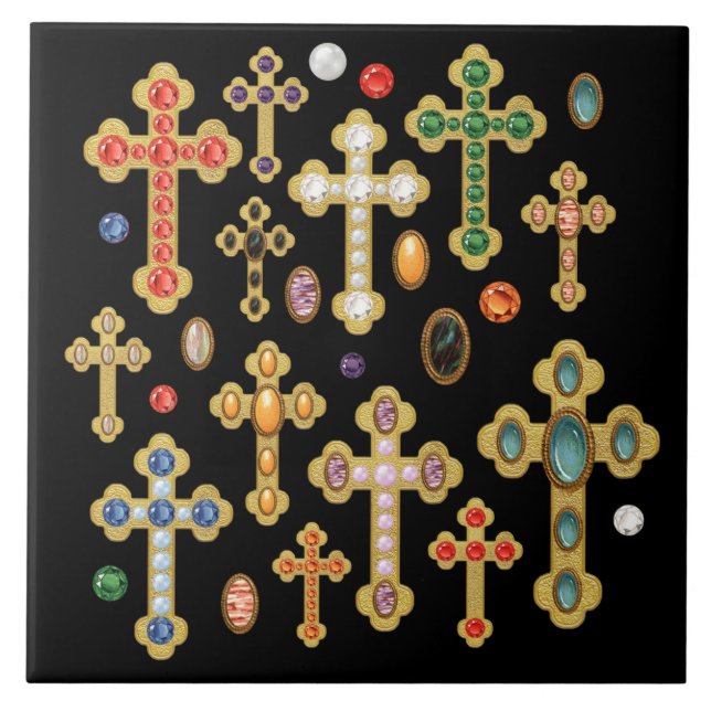 Faux Birthstone Crosses and Loose Gems on Black Tile (Front)