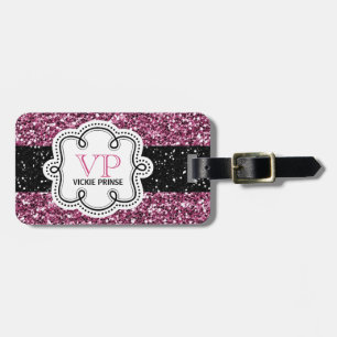 *Faux Black and Pink Glitter Personalised Girly Luggage Tag
