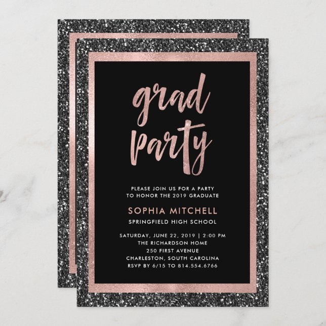 Faux Black and Rose Gold Glitter Grad Party Photo Invitation (Front/Back)