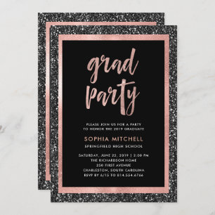 Faux Black and Rose Gold Glitter Grad Party Photo Invitation