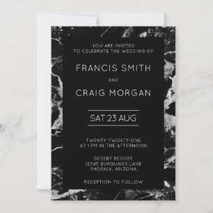 Faux Black and Silver Marble Modern Wedding Invitation