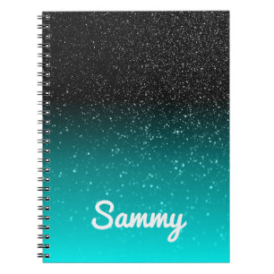 Faux Black Glitter and Aqua Ombre Personalised Notebook
