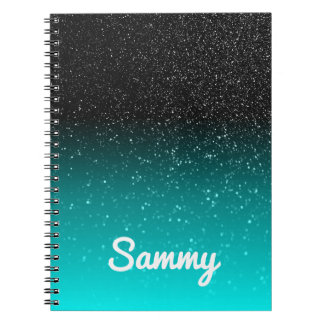 Faux Black Glitter and Aqua Ombre Personalised Notebook