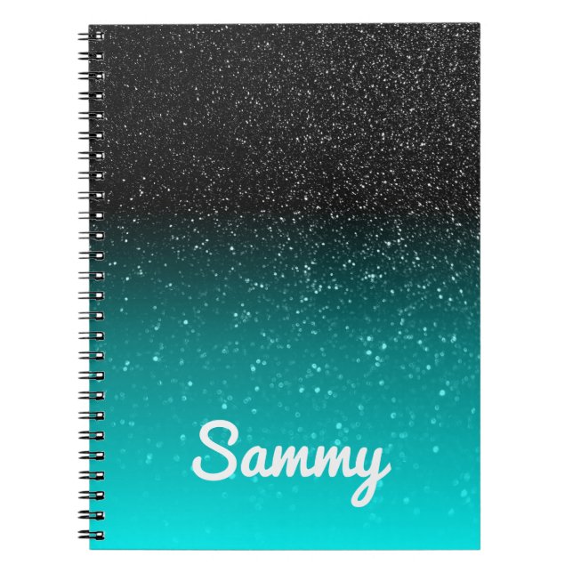 Faux Black Glitter and Aqua Ombre Personalised Notebook (Front)