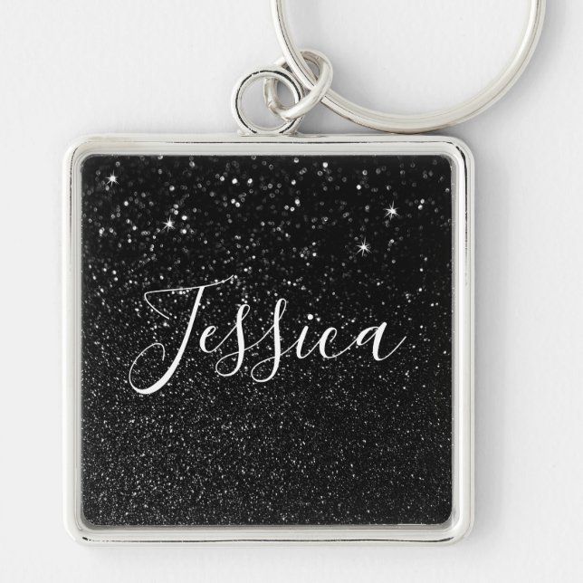 Faux Black Glitter Bokeh Photo Personalised Key Ring (Front)
