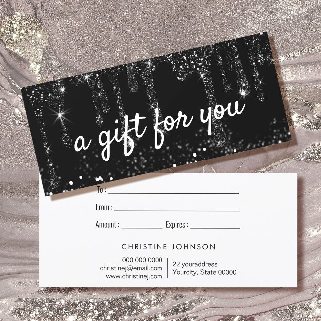 faux black glitter drips gift certificate card (Creator Uploaded)