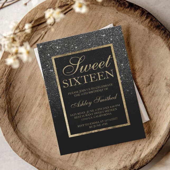 Faux black glitter gold elegant chic Sweet 16 Invitation (Faux black glitter gold elegant chic Sweet 16 Invitation)
