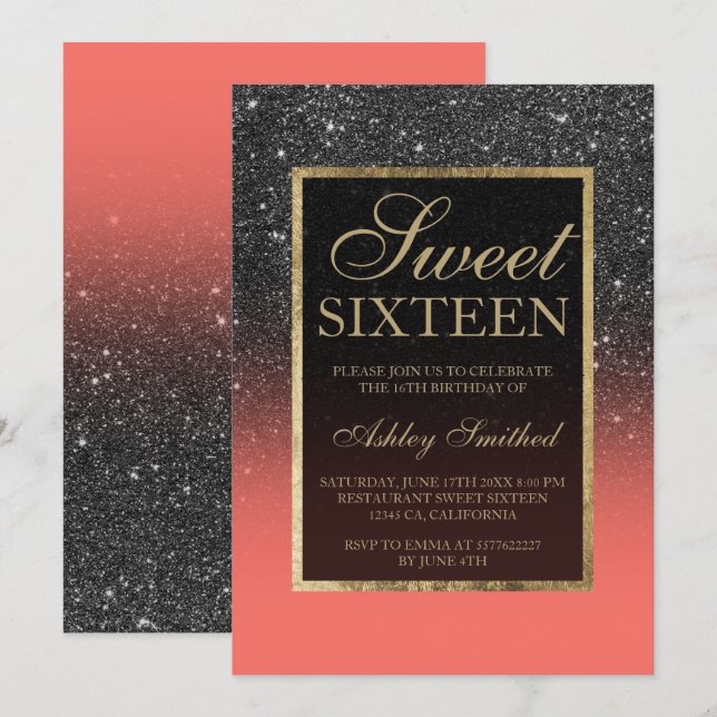 Faux black glitter gold elegant coral Sweet 16 Invitation (Front/Back)
