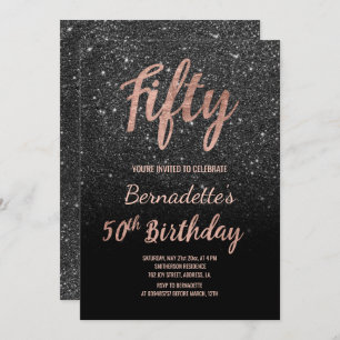 Faux black glitter script rose gold 50th Birthday Invitation