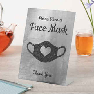 Faux Black Glitter Silver Foil Wear a Face Mask Pedestal Sign