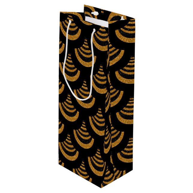 Faux Black & Gold Glitter | Art Deco Wine Gift Bag (Front Angled)