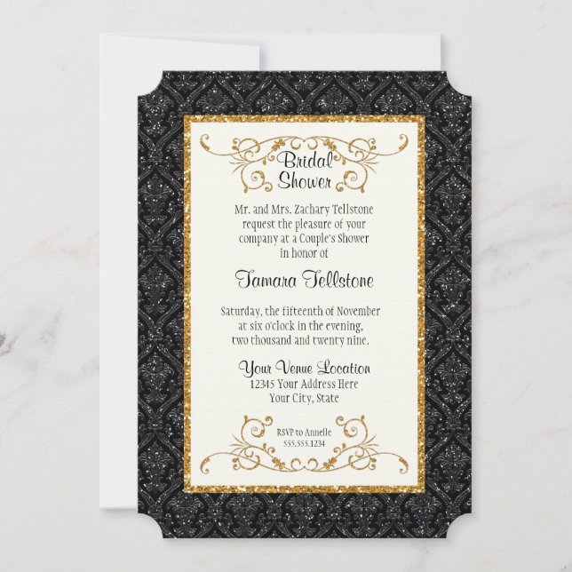 Faux Black Gold Glitter Damask Ticket Style Invite (Front)