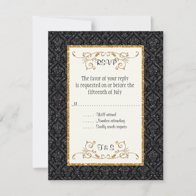 Faux Black Gold Glitter Damask Ticket Style RSVP (Front)