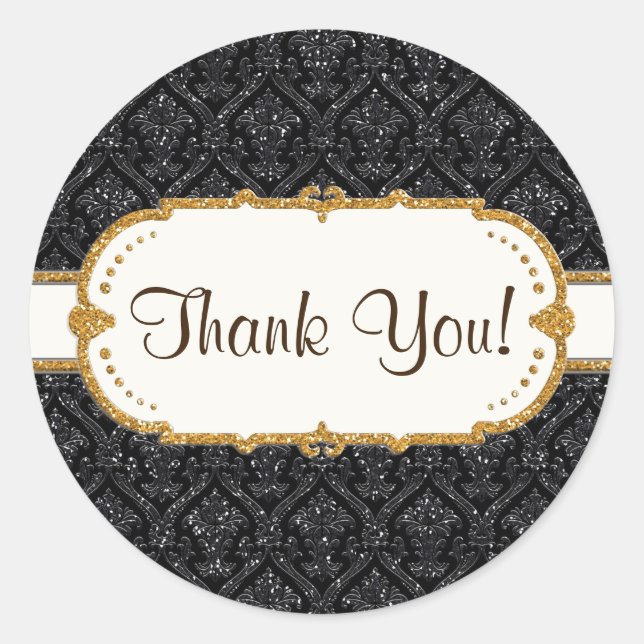 Faux Black Gold Glitter Damask Wedding Stationery Classic Round Sticker (Front)