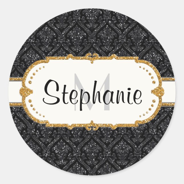 Faux Black Gold Glitter Damask Wedding Stationery Classic Round Sticker (Front)