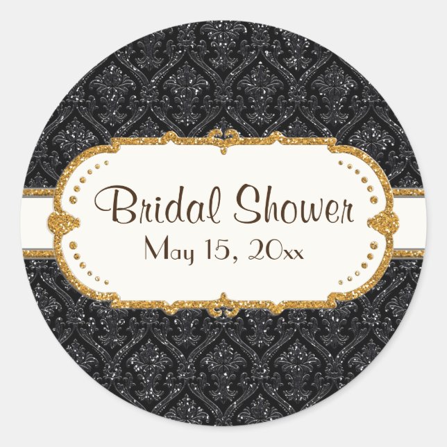 Faux Black Gold Glitter Damask Wedding Stationery Classic Round Sticker (Front)