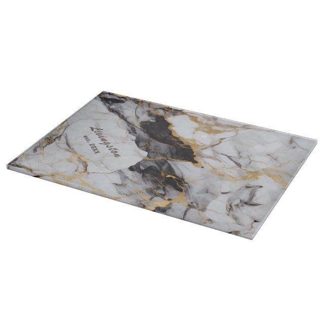 Faux Black Gold Marble Established Personalised Cutting Board (Corner)