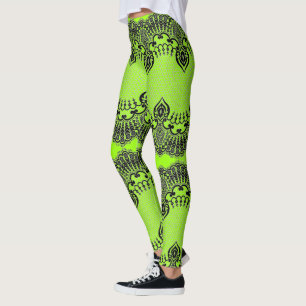 Faux Black Lace Fishnet Leggings Neon Green Colour