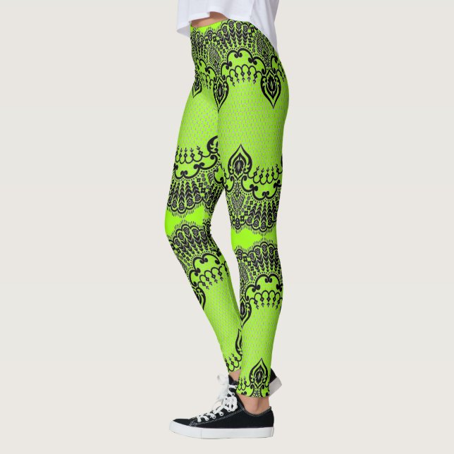 Faux Black Lace Fishnet Leggings Neon Green Colour (Left)