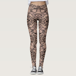 Faux Black Lace Fishnet Leggings with Flowers