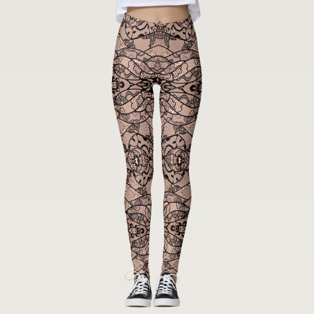 Faux Black Lace Fishnet Leggings with Flowers (Front)
