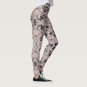 Faux Black Lace Fishnets Flowers Leggings Elegant