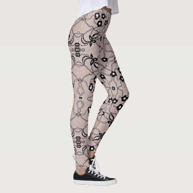 Faux Black Lace Fishnets Flowers Leggings Elegant (Right)
