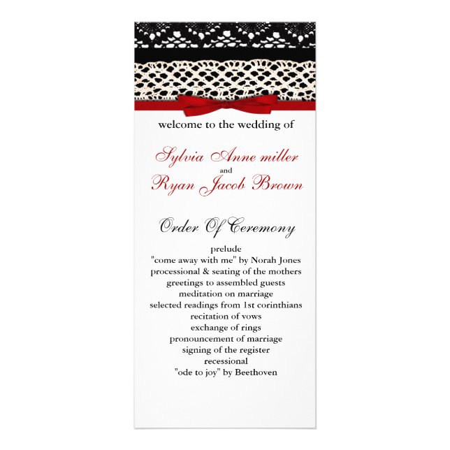 FAUX Black Lace Red Ribbon Wedding Invitations (Front)