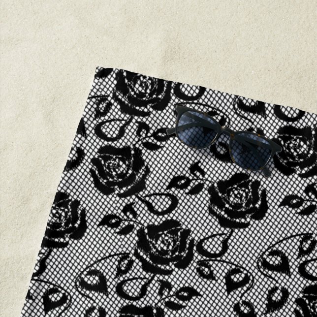 Faux Black Lace Rose Fishnet Beach Towel (In Situ)