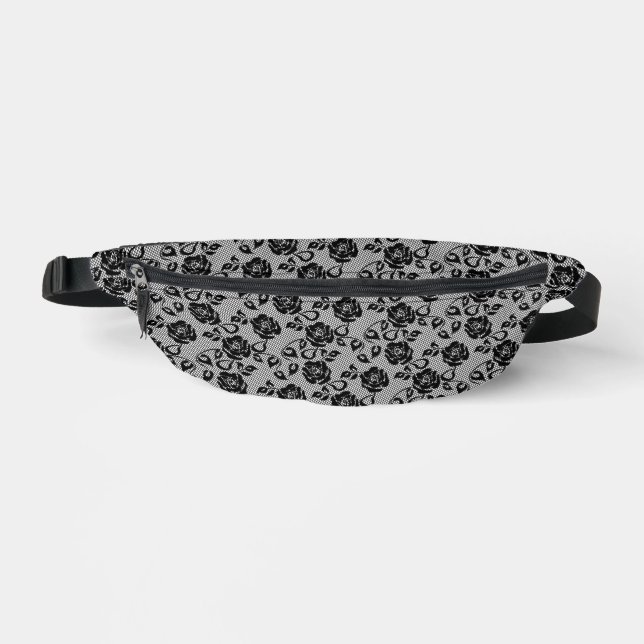 Faux Black Lace Rose Fishnet Fanny Pack (Front)