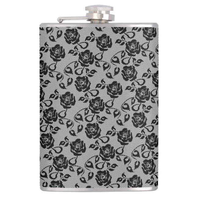 Faux Black Lace Rose Fishnet Flask Gift (Front)