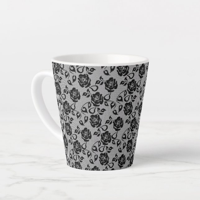 Faux Black Lace Rose Fishnet Latte Mug (Left Angle)