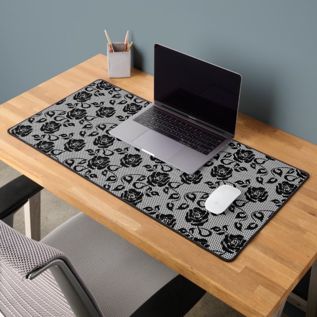 Faux Black Lace Rose Fishnet Modern Design Desk Mat (Office 2)