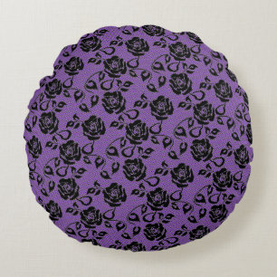 Faux Black Lace Rose Fishnet Purple Round Pillow
