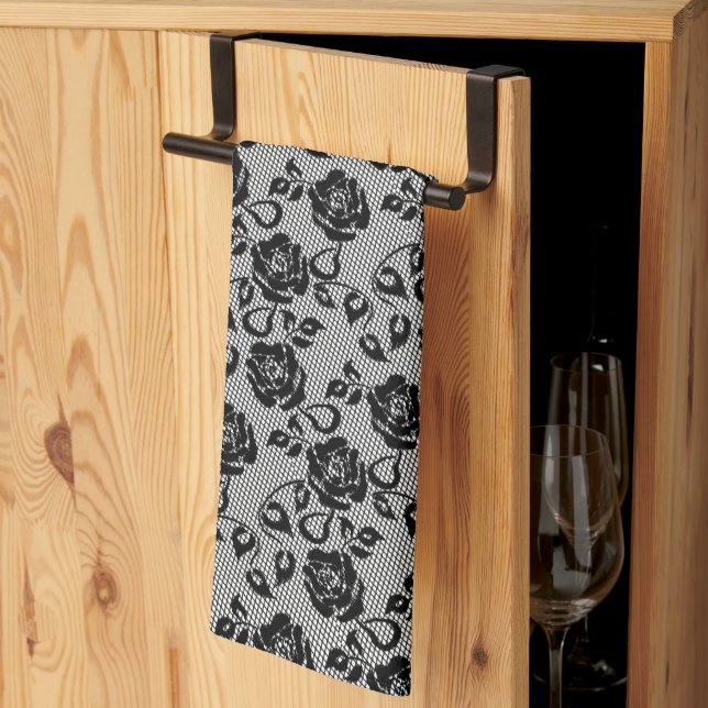 Faux Black Lace Roses Fishnet Kitchen Towel (Thirds Fold)