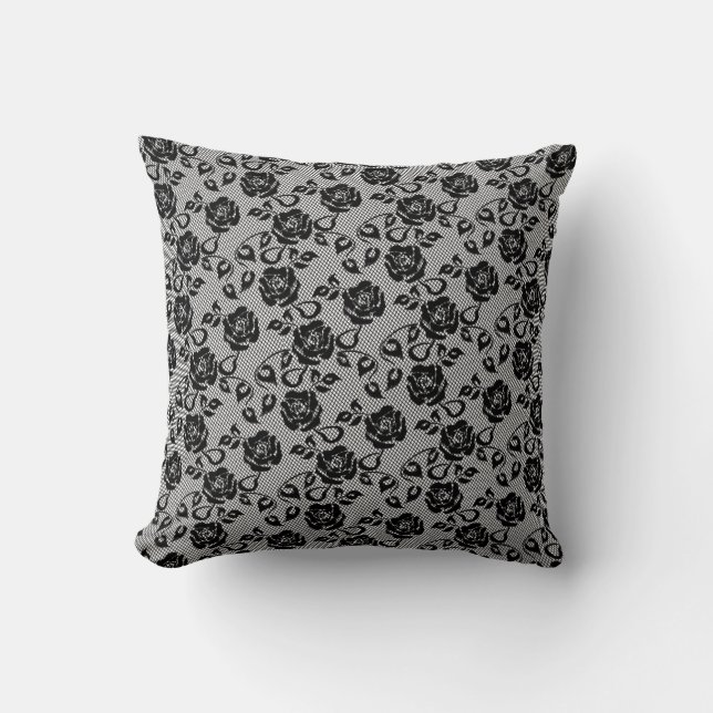 Faux Black Lace Roses Fishnet Throw Pillow (Front)