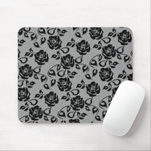Faux Black Lace Roses Fishnets - Romantic Modern Mouse Mat