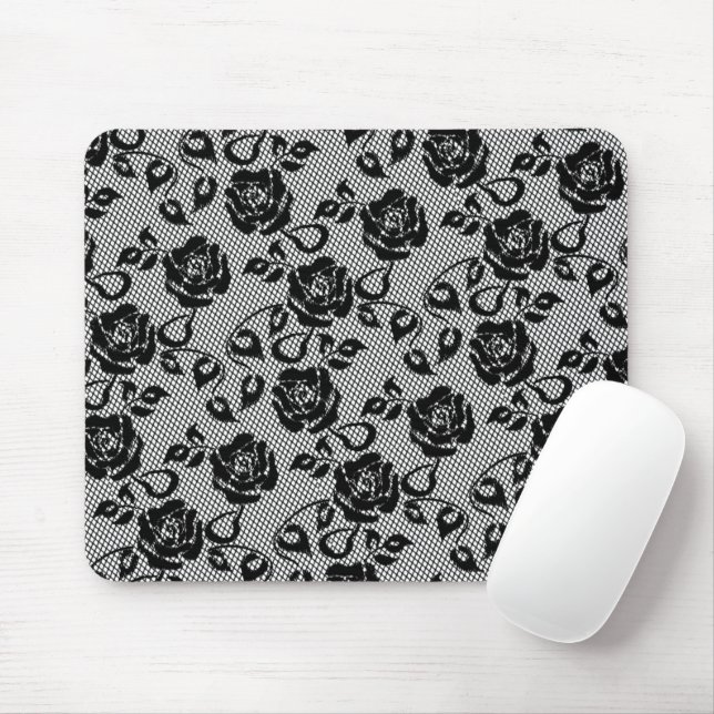 Faux Black Lace Roses Fishnets - Romantic Modern Mouse Mat (With Mouse)