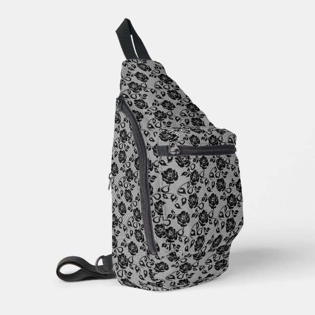 Faux Black Lace with Rose Fishnet Sling Bag (Left Corner)