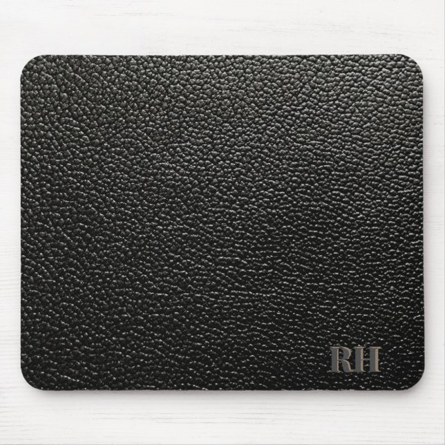 Faux Black Leather Custom Monogrammed Initials Mouse Mat (Front)