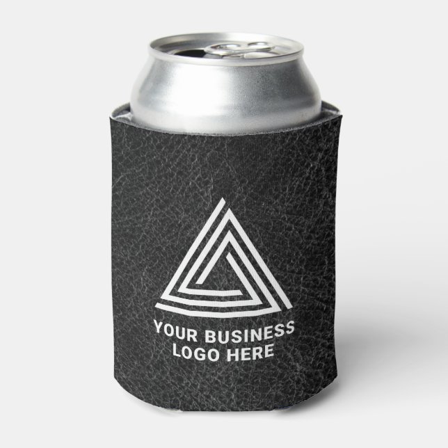 Faux Black Leather Modern Business Logo Can Cooler (Can Front)