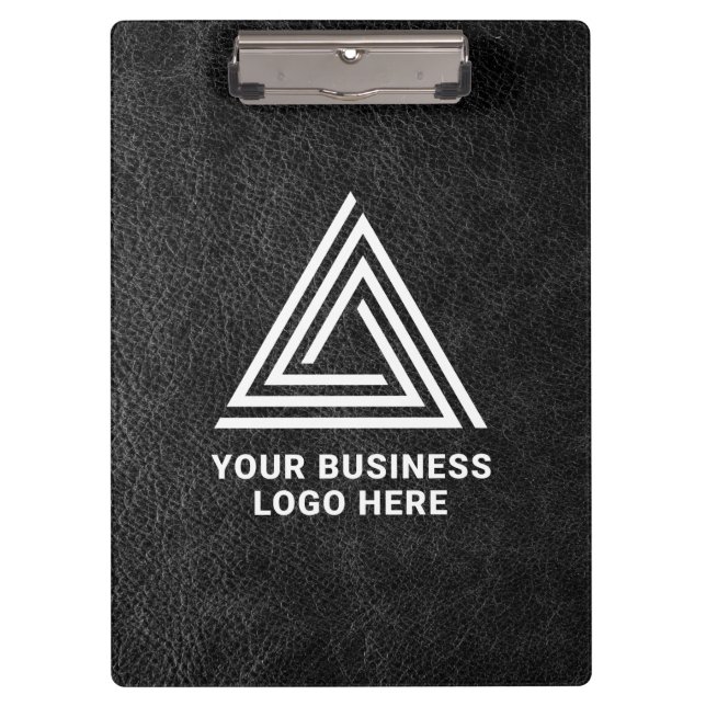 Faux Black Leather Modern Business Logo Clipboard (Front)