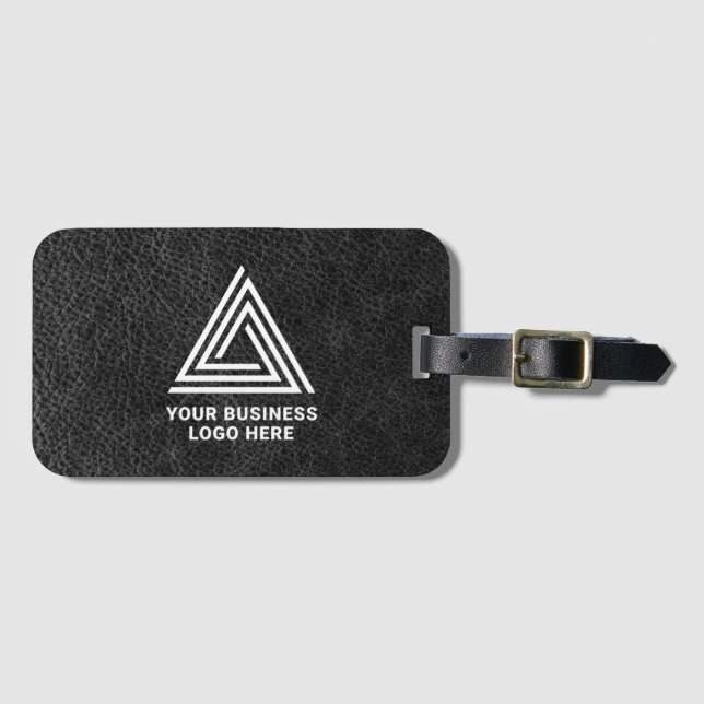 Faux Black Leather Modern Business Logo Luggage Tag (Front Horizontal)