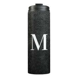 Faux Black Leather Modern Monogram Thermal Tumbler