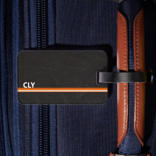 Faux Black Leather Monogram Orange Bar  Luggage Tag