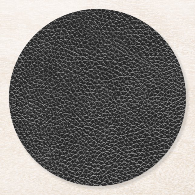 Faux Black Leather Round Paper Coaster (Front)