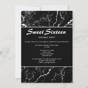 Faux Black Marble Texture Look Sweet 16 Birthday Invitation