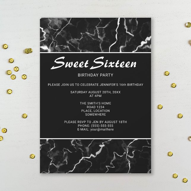 Faux Black Marble Texture Look Sweet 16 Birthday Invitation (Creator Uploaded)